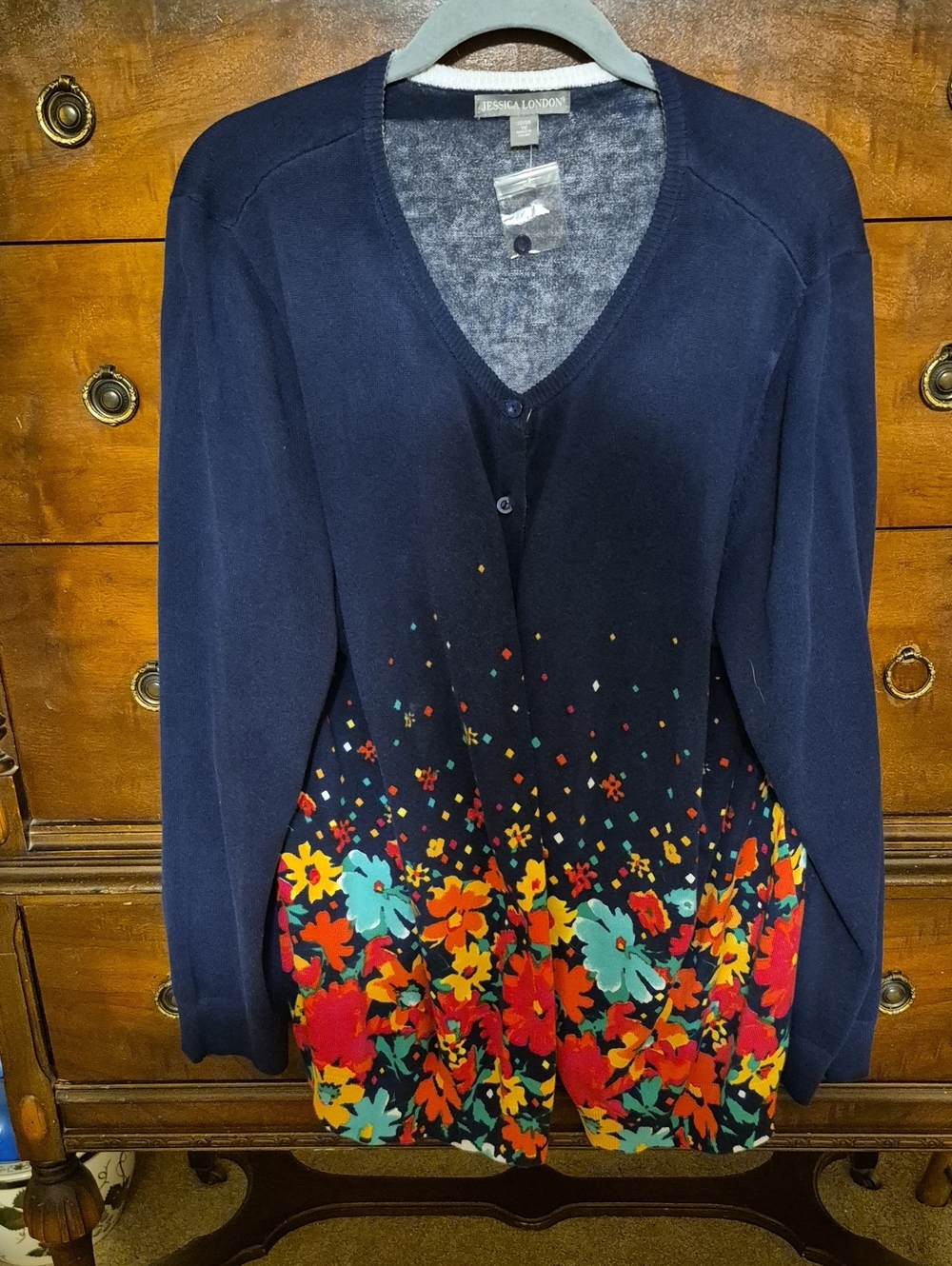 Jessica London Navy V-Neck Cardigan with Bright Floral Border